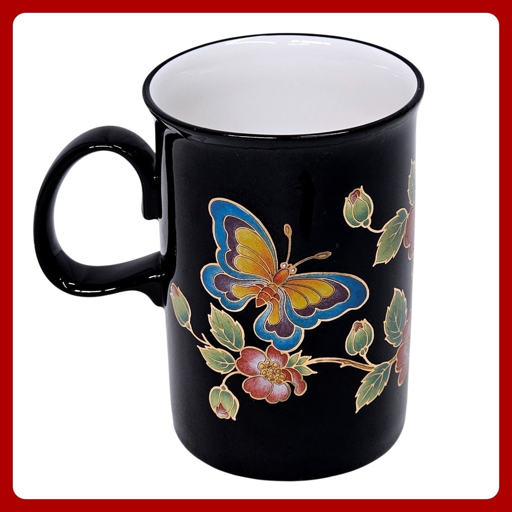 Dunoon Scotland Hawaii Butterfly Stoneware Mug Black Floral Coffee Tea Cup‎
